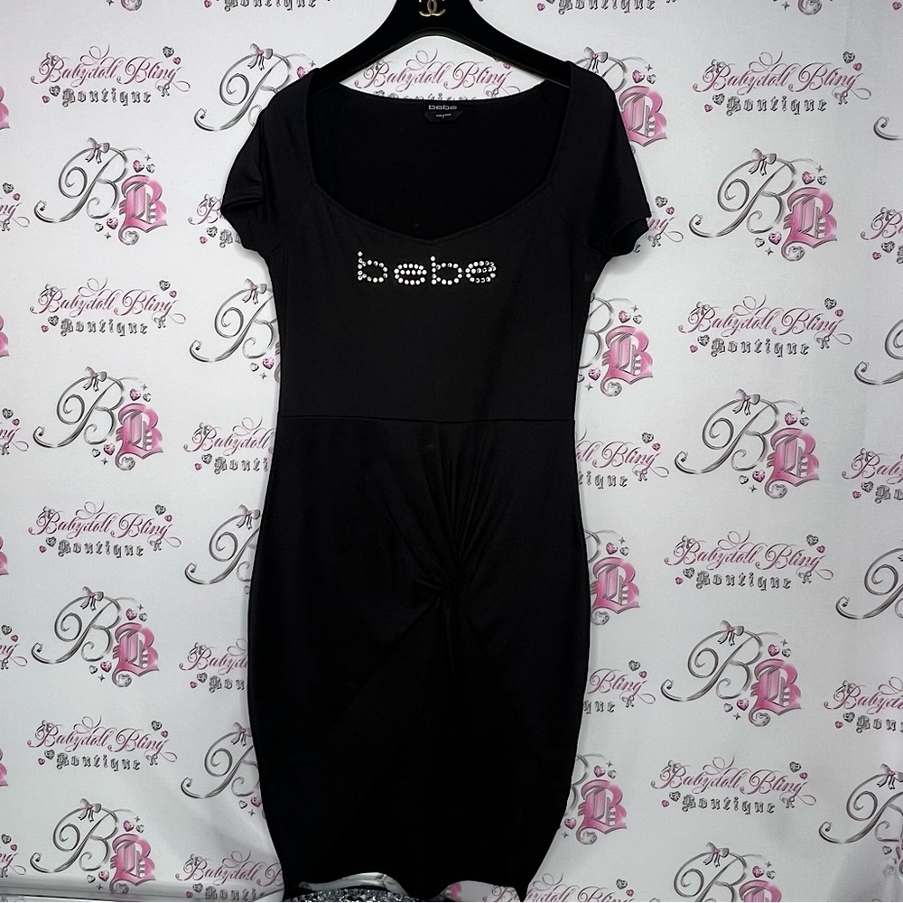 Bebe dress twist tie front tshirt black bling rhinestone Swarovski crystals y2k